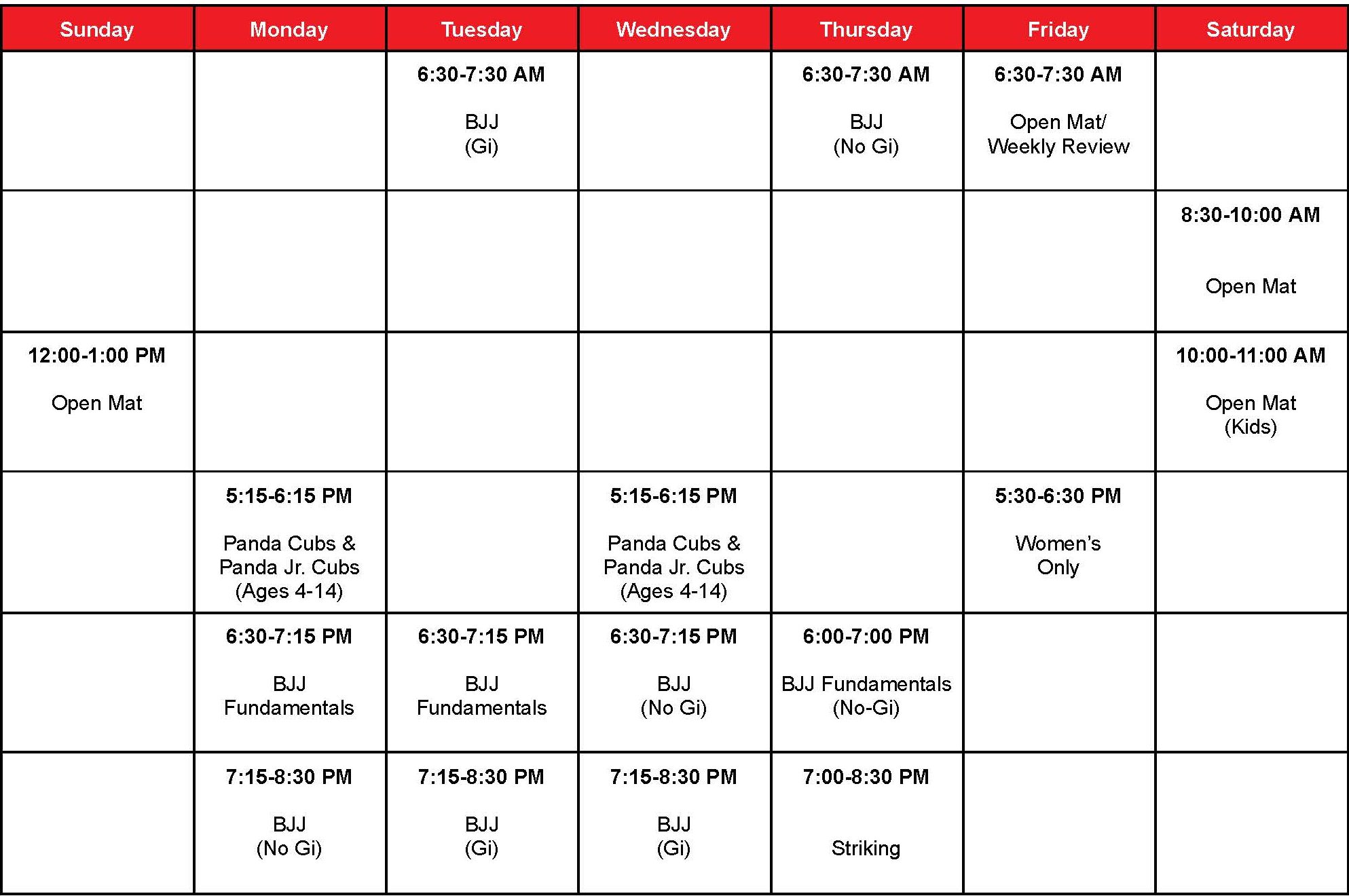 Ruffhouse Jiu-Jitsu Class Schedule.